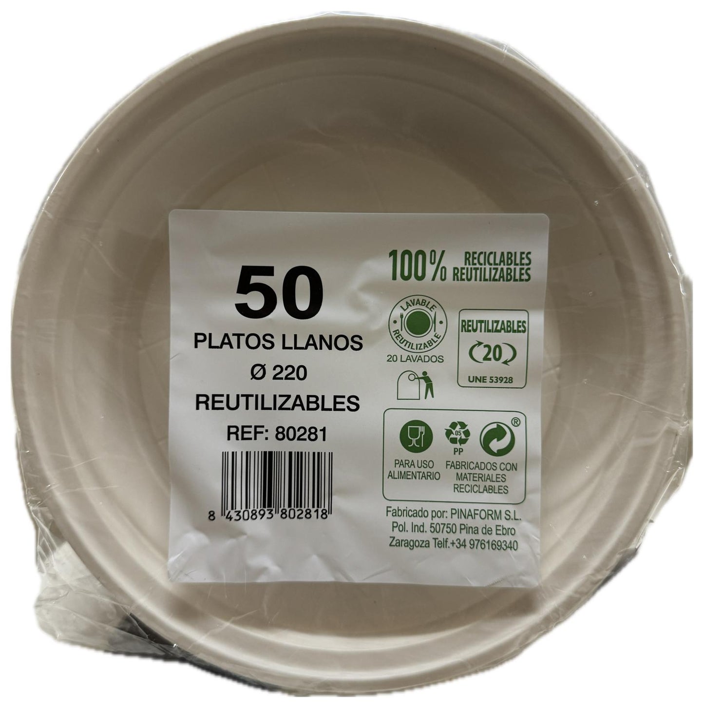 PLATO LLANO PLASTICO REUTILIZABLE 220MM 50U